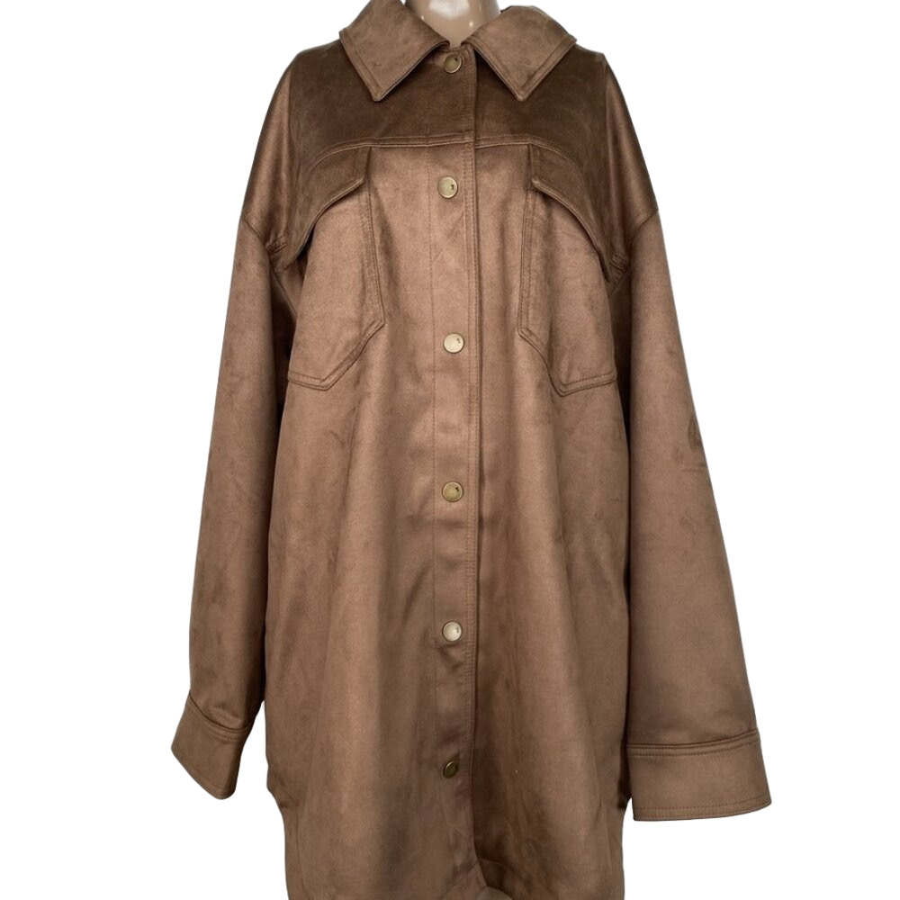 NEW PILCRO Womens Shacket Brown Size L The Tillie Relaxed Faux Suede Button Snap